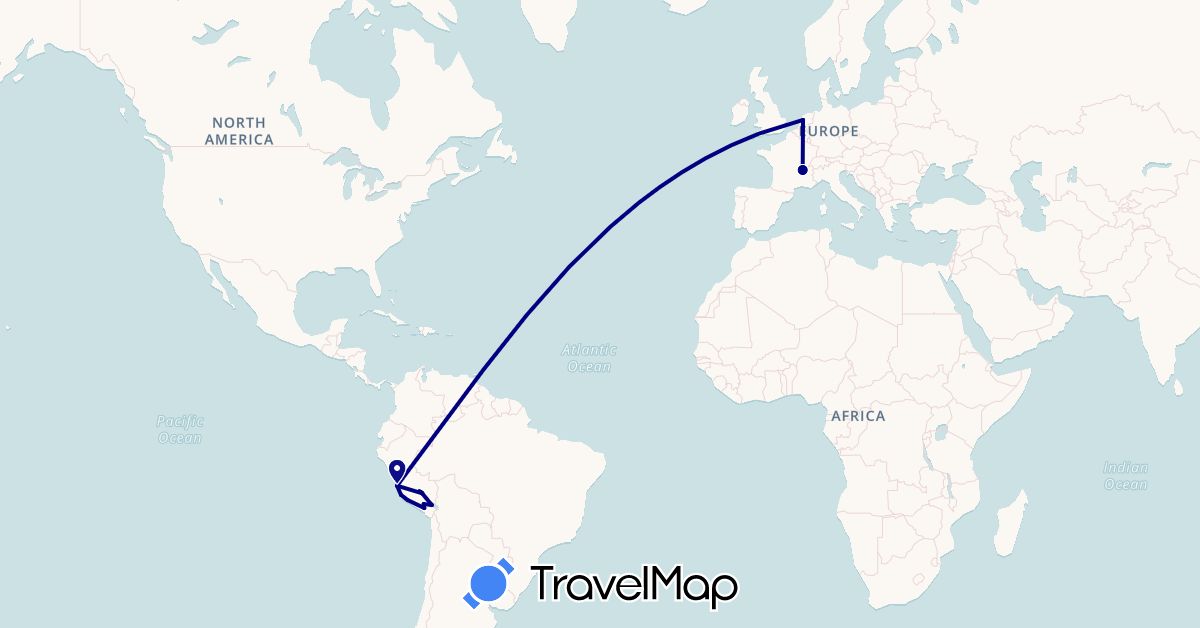 TravelMap itinerary: driving in France, Netherlands, Peru (Europe, South America)